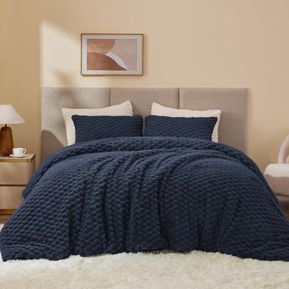 BEDELITE Fluffy King Size Comforter Set, Navy Fleece Bed Set 3 Pieces