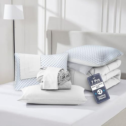 Nestl 9 Piece King Comforter Set – White Reversible Bed in a Bag – Complete King Size Bedding Set with Sheets, Set of 2 Cooling Pillows, Pillowcases and Shams