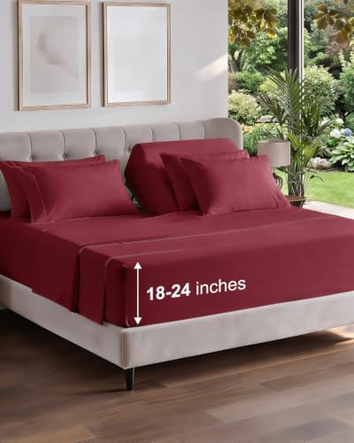 Extra Deep Flex Top Split Head King Sheet Set - 6pc Bed Sheets - Burgundy