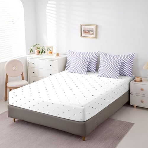 jejeloiu Purple and White Bedding Set 7Pcs Queen Size Kids Plaid Checkered Comforter Set with Sheets for Boys Girls Classic Grid Buffalo Check Bed in a Bag Soft Lightweight,Microfiber