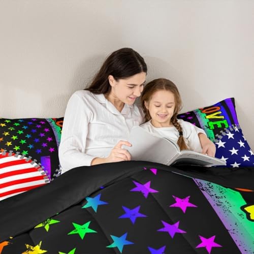 Erosebridal American Flag Comforter Set Rainbow Pride Bedding Set Twin Size for Teens Adult Women Bedroom,USA Federations Stars Stripes Down Comforter Kids Unique Zipper Design Duvet Sets, Colorful