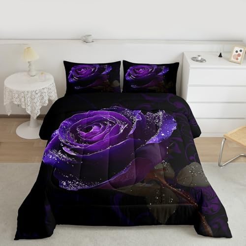 Purple Rose Pattern Comforter Set for Women Adults, Twin Size, 3D Printed Bedding with 1 Pillow Case for All Seasons, Soft Microfiber Inner Filling Duvet Set