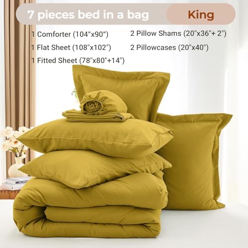 MUXHOMO 7 Pieces King Comforter Set, Soft Bed in a Bag King Size, All Season Bedding Set with Comforter, Flat Sheet, Fitted Sheet, Pillowcases & Shams, Mustard Yellow