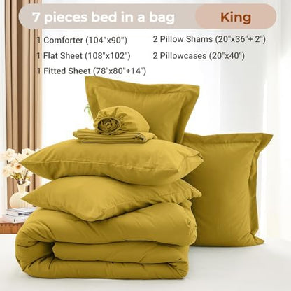 MUXHOMO 7 Pieces King Comforter Set, Soft Bed in a Bag King Size, All Season Bedding Set with Comforter, Flat Sheet, Fitted Sheet, Pillowcases & Shams, Mustard Yellow