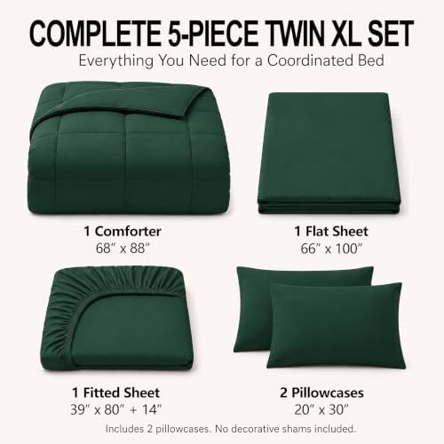 CozyLux Twin XL Comforter Set Emerald Green - 5 Pieces Twin XL Bed in a Bag