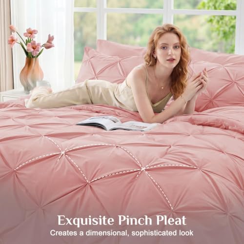 JOLLYVOGUE Queen Comforter Set 7 Pieces - Bed in a Bag Queen for All Season, Pintuck Bedding Comforter Sets with Comforter, Flat Sheet, Fitted Sheet and Pillowcases & Shams, Pink