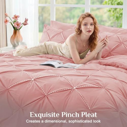JOLLYVOGUE Queen Comforter Set 7 Pieces - Bed in a Bag Queen for All Season, Pintuck Bedding Comforter Sets with Comforter, Flat Sheet, Fitted Sheet and Pillowcases & Shams, Pink