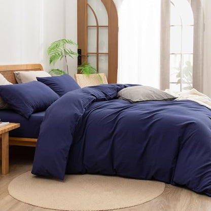 BESTOUCH Cotton Solid Duvet Cover Set Linen Feel Navy Blue Super King