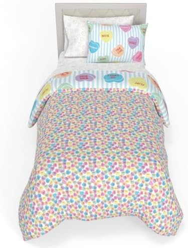 Sweethearts Original Candy Hearts Bedding 5 Piece Twin Bed Set, Soft Cozy Nostalgia Reversible Comforter and Sheet Set with Sham, Officially Licensed Product By Franco