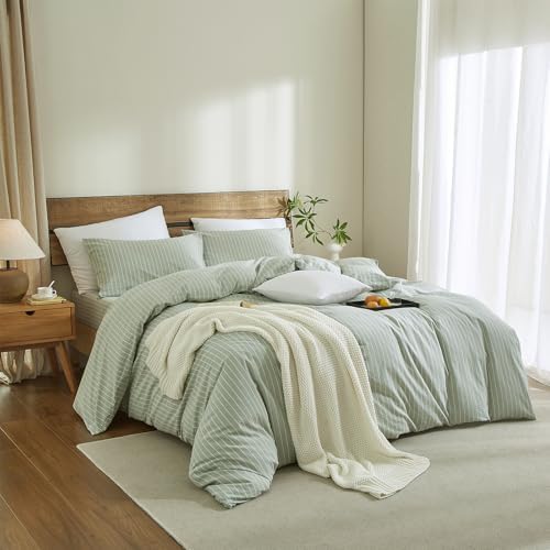 Striped Duvet Cover Set 100% Washed Cotton Linen Feel Queen