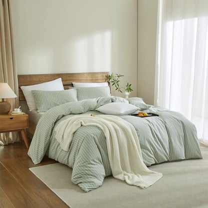 Striped Duvet Cover Set 100% Washed Cotton Linen Feel Queen