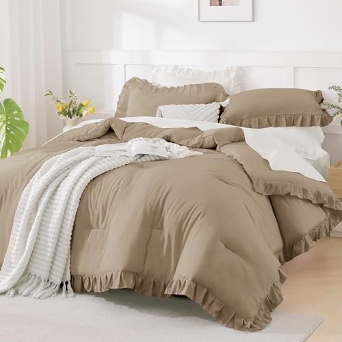 Andency Taupe Ruffle Comforter Twin XL, 2 Pieces Solid Farmhouse Bed