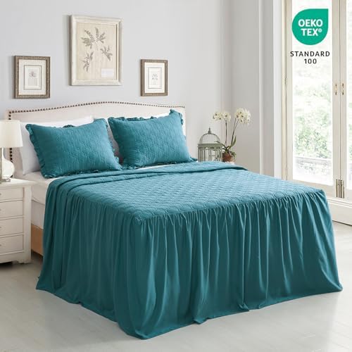 CHIXIN Ruffle Skirt Bedspread - 30" Long Drop, Shabby Chic Style Bedding, Lightweight, 3 Piece Set, Full Size, Lagoon
