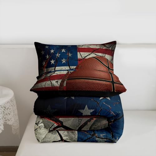 Erosebridal American Flag Comforter Set for Boys, Basketball Duvet Sets Queen Size, Retro Sports Games Bedding Set United States Federations Stars Stripes Duvet Insert for Teens Kids Adult Bedroom