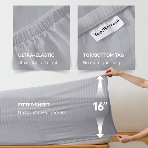 Cooling Sheets Set Twin Size, Viscose Derived from Bamboo for Hot Sleepers, Double Stitching, Deep Pocket to 15 Inch, Silky Soft and Breathable Bedding, 3PC (Twin, Jacquard Light Grey)