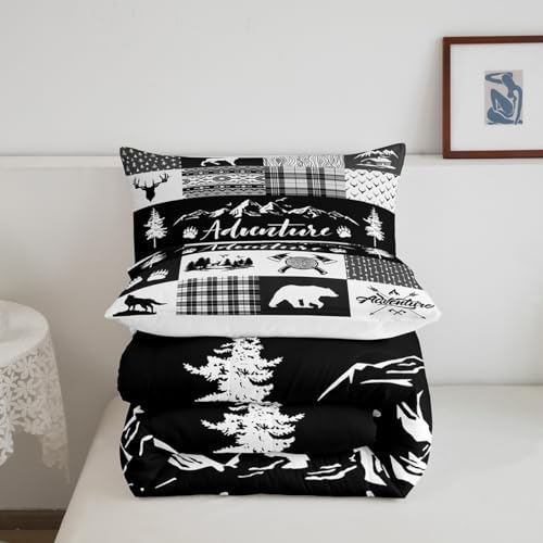 Castle Fairy Rustic Farmhouse Comforter Set Twin Size,Deer Bear Wolf Wild Animals Hunting Bedding Set for Kids Boys Men,Adventure Plaid Black Check Tribal Quilted Duvet Set with 1 Pillowcase