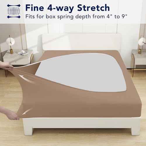 PureFit Stretchy Box Spring Cover Full - Elastic Fitted Box Spring Wrap Around 4 Sides, Wrinkle & Fading Resistant Fits Full Size Beds, Camel