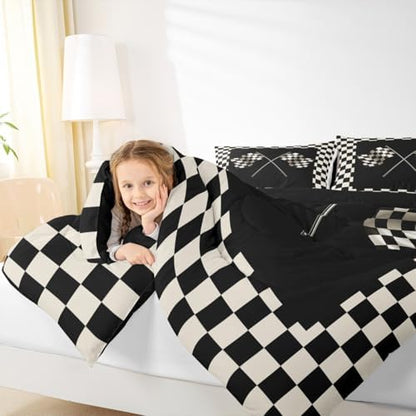 Castle Fairy Checkered Flag King Size Comforter Set Kids Geometric Grid Decor All Season Bedding Set for Girls Teens Black and White Comforter Racing Theme Decor Quilt Set Bedroom Collection 3Pcs