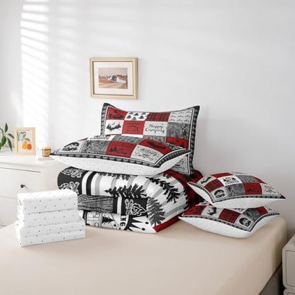Erosebridal 7 Piece Happy Camping Bedding Set Twin for Kids Adults,Rv Camper Comforter Set for Bunk Travel Trailers,Red Black Buffalo Plaid Bed in a Bag with Sheets,Rustic Cabin Patchwork Bed Set