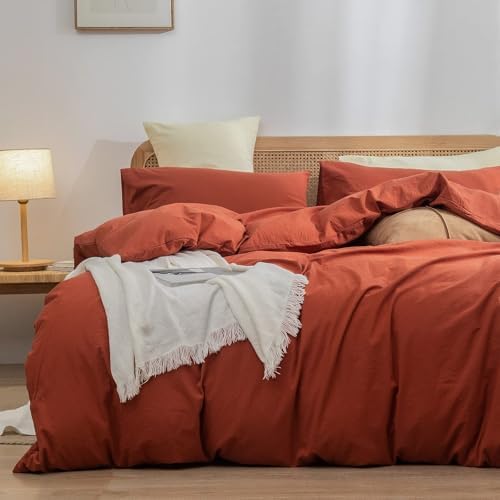 BESTOUCH Cotton Solid Duvet Cover Set Burnt Brick Red Alaska King