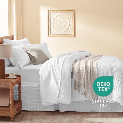 Laojin Balhen King Size Comforter Set 7 Pieces, White Seersucker Bed in a Bag Set King Size, All Season Luxury Bedding Sets with Comforter, Sheets, Pillowcase & Sham