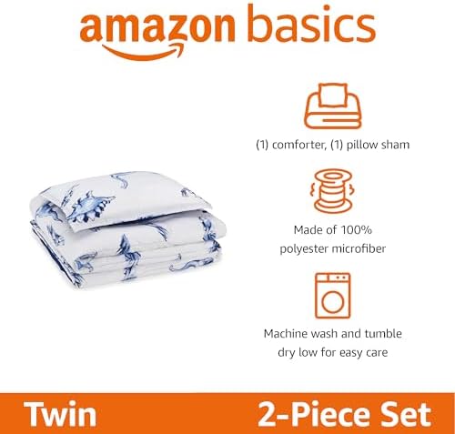Amazon Basics 2-Piece Soft Microfiber Kid's Comforter and Pillow Sham Set, Twin, Dinosaurs, Animal Print