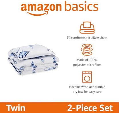 Amazon Basics 2-Piece Soft Microfiber Kid's Comforter and Pillow Sham Set, Twin, Dinosaurs, Animal Print