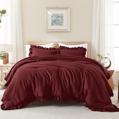 Andency Burgundy King Size Comforter Set, 3 Pieces Solid Farmhouse Bedding
