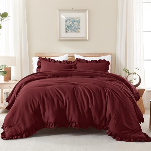 Andency Oversized King Comforter Set, 3 Pcs Burgundy Ruffle Chic Bedding