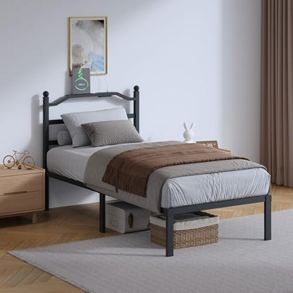 SHOANED Twin Size Bed Frame - 14 Inch Metal Heavy Duty Bedframe with Charging Station Black Basic Steel Slats Platform with Headboard No Box Spring Needed/Easy Assembly