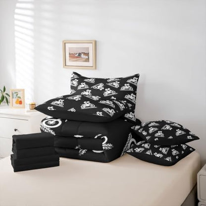 Feelyou Motocross Stunt Silhouette Comforter Set with Sheets 7 Piece Queen Sporty Stunt Design Bed in a Bag Dirt Bike Bedding Set Outdoor Sports Room Decor Motorcycle Art Breathable Soft Lightweight