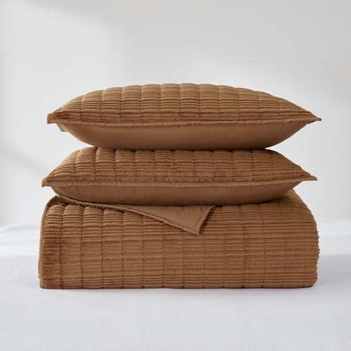 Wonderful Corduroy Texture Caramel Quilt Set Queen - Hypoallergenic Skin-Friendly Soft Plush Velvety Touch Bedspread, Classic Vertical Striped Lightweight Coverlet for All Season, 106"x94"