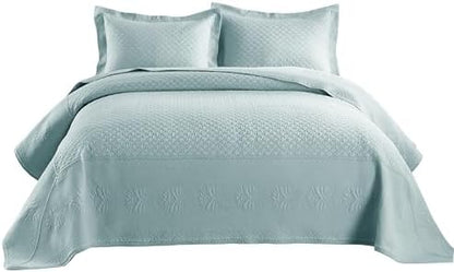 MarCielo 3-Piece 100% Cotton Oversized Bedspread Lightweight Quilt Coverlet Embroidery Farmhouse Bedding Set (TM Mint Green, Oversized Queen (100"x106"))