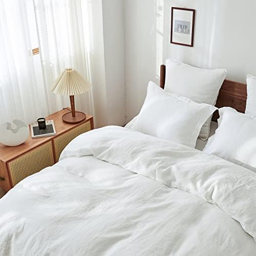 Simple&Opulence 100% Linen Duvet Cover Set 3pcs Basic Style Natural French Washed Flax Solid Color Soft Breathable Farmhouse Bedding with Button Closure - White, Queen