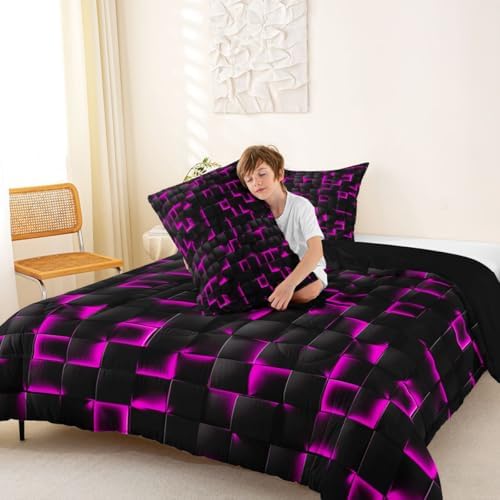 Erosebridal Neon Black Purple Comforter Set Toddler Violet Geometric Checkered Bedding Set for Kids Teen Adults Gaming Room Decor,Abstract Ombre Plaid Comforter Grids Quilt Duvet