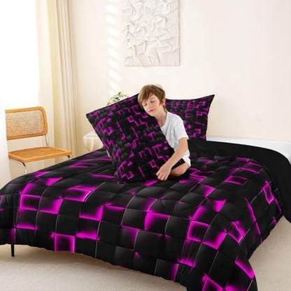 Erosebridal Neon Black Purple Comforter Set Toddler Violet Geometric Checkered Bedding Set for Kids Teen Adults Gaming Room Decor,Abstract Ombre Plaid Comforter Grids Quilt Duvet