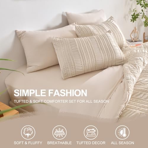 DHSFKBE Beige Tufted Comforter Set King Size 7 Piece Bed in a Bag，Shabby Chic Boho Bedding for Bedroom Comforter，All Season Soft Microfiber Ruffle Comforter Set with Pillow and Sheets