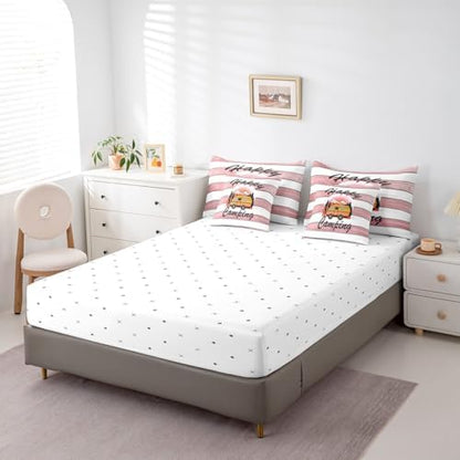 Erosebridal Happy Camping Comforter Set Full Size,Cartoon RV Bedding Set for Kids Teens,Pink Wooden Plank (Comforter+Fitted+Flat Sheet+2 Pillowcases+2 Throw Pillow Covers) 7 Pieces Bed Set