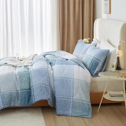 LifeTB Blue Checkered Comforter Full Comforter Set Geometric Plaid Checkered Pattern Comforter for Men Boys Modern Grid Plaid Bedding Comforter Set for All Seasons Lightweight Soft Fluffy Bed Set