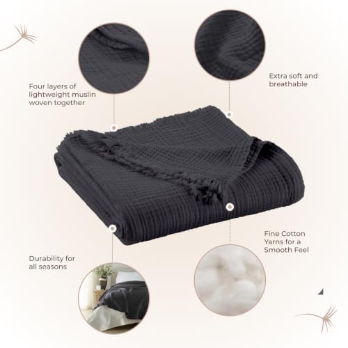 100% Cotton Organic Muslin Throw Blanket for Adults GOTS & Fairtrade Certified Organic Cotton - Couch Living Room and Bedroom Decor - 4 Layer Super Soft and Cozy (Graphite, Throw)
