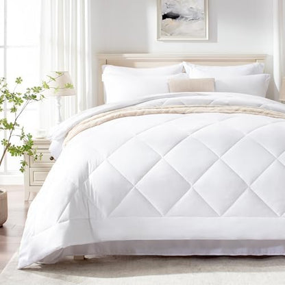 Love's cabin Oversized Queen Comforter Set, 7 Pieces Bed in a Bag, All Season Bedding Sets with 1 Comforter, 1 Flat Sheet, 1 Fitted Sheet, 2 Pillowcase and 2 Pillow Sham, White