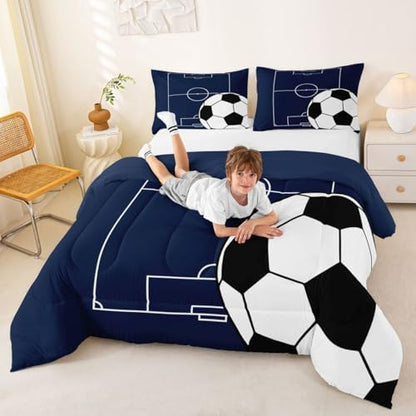 Castle Fairy Boys Soccer Sports Theme Comforter/Duvet Set King Size,Football Ultra Soft Bed Collection,Football Court Blue White Bedding for Room Decor 3 Pcs,Microfiber Breathable