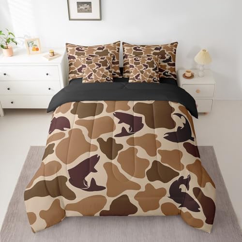 Erosebridal Pike Fish Camo Comforter Set Twin Hunter Camouflage Bedding Sets 7Pcs Wildlife Hunting Bed in a Bag Farmhouse Fishing Sheet Set with Comforter Vintage Brown Decor Outdoor Camping Gifts