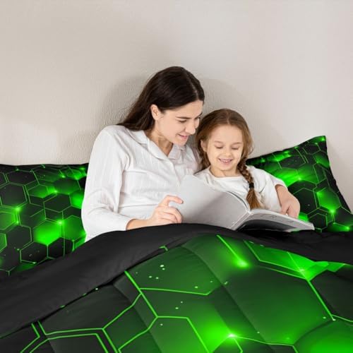 Feelyou Honeycomb Bedding Set Kids Toddler Queen, Beehive Geometric Comforter Set Honeycomb with Green Yellow Neon Lights Comforter Hexagonal Duvet Durable Quilt Queen Size