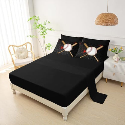 QOOMO Baseball 7 Pieces Comforter Set Twin Size,Honeycomb Bedding Set for Kids-Include 1 Comforter,1 Fitted Sheet,1 Flat Sheet,2 Printing Pillowcases and 2 Black Pillowcases