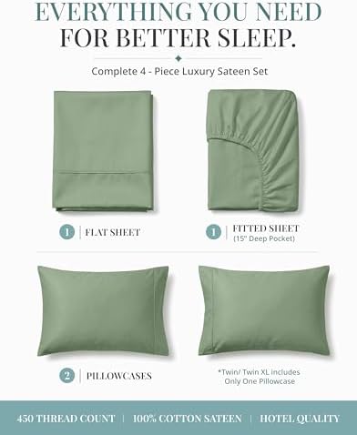 450TC 100% Cotton Full Sheets - Silky Smooth Sateen Weave, Iceberg Green