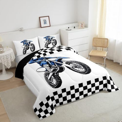 Feelyou Dirt Bike Bedding Set Kids Boys Girls Queen Size Racing Motocross Rider Comforter Set Teen Adult Ultra Soft Black and White Check Comforter Extreme Sports Duvet Quilt Motorcycle Racer Quilt