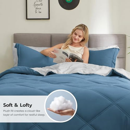 Joiedomi Queen Comforter Set with Sheets Blue, 7 Pieces Queen Bed Set with 1 Down Alternative Comforter, 1 Flat Sheet, 1 Fitted Sheet, 2 Pillowcases and 2 Pillow Shams, Bed in a Bag for All Seasons