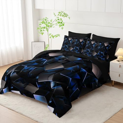 Nttopship Blue and Black Geometric Comforter Set Full Size 7PCS,Abstract Triangular Printed Bedding Set for Adults,Geometric Mordern Art Decor All Seasons with Pillowcases,Flat, Fitted Sheet
