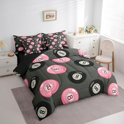 Erosebridal Girly Fashion Y2K Full Comforter Set 7 Piece Pink Black Lucky 8 Ball Bedding Set for Kids Boys Girls,Trendy Aesthetic Preppy Bed in A Bag Funky Y2K Style Bed Set Coquette Room Decor